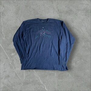 Vintage Art Shirt Mens XL Navy Blue LS Nature Artwork‎ Volcano Retro Scenery 90s